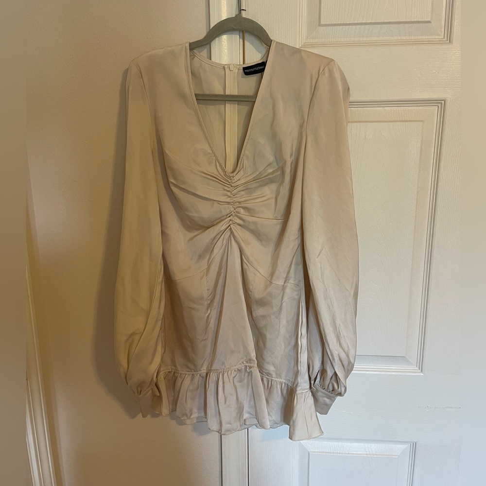 Champagne Ruched Satin Long Sleeve Dress